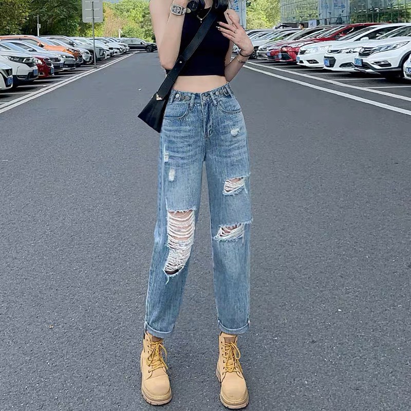 Quần baggy jean nữ BigSize lưng siêu cao, Lưng Gài Khoen, kiểu dáng rách bụi thời trang MLJ0014