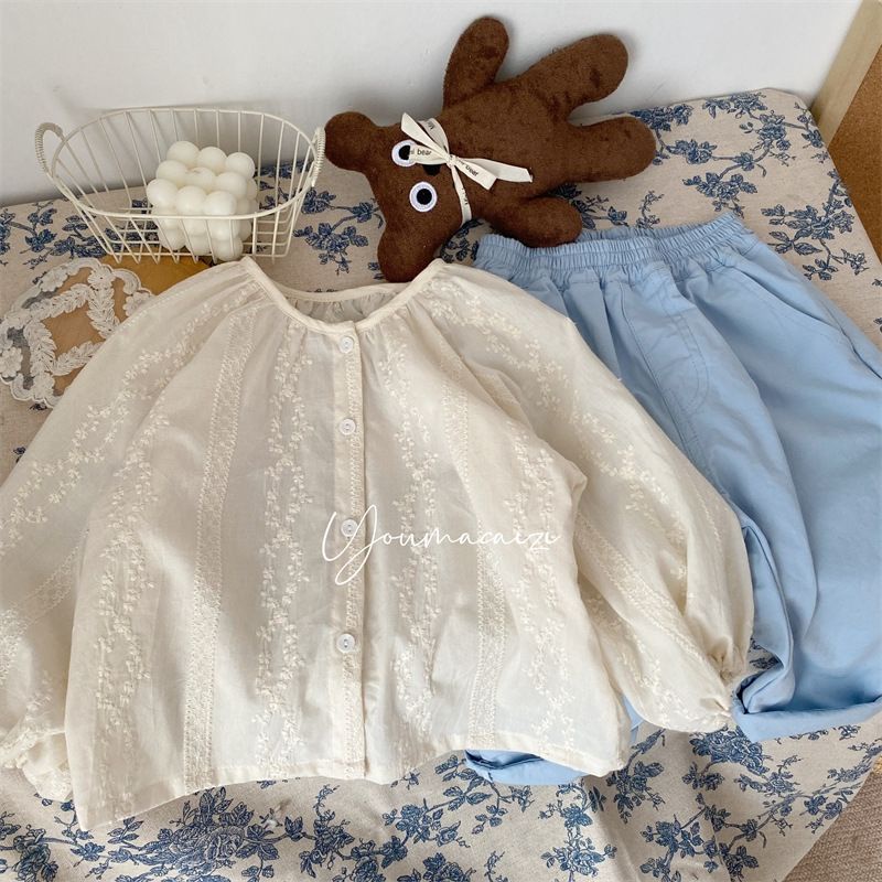 Áo Thun Cotton Cổ Tròn Thêu Hình Phong Cách Hàn Quốc Thời Trang Xuân Thu 2023 Mới Cho Bé Gái