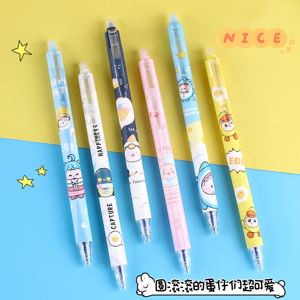 Set 6 Bút Gel xoá được ngòi 0.5mm đa dạng màu sắc cute xinh xắn màu bút đen và xanh-Minkey