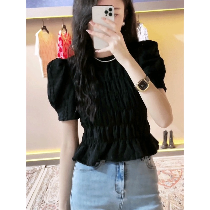 Áo Kiểu Tay Phồng Xếp Ly Đơn Giản Thời Trang Mùa Hè Pháp Cho Nữ