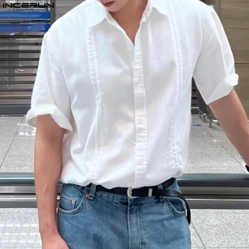 INCERUN Áo Sơ Mi Cotton Lanh Ngắn Tay Màu Sắc Đơn Giản Thời Trang Hàn Quốc Cho Nam