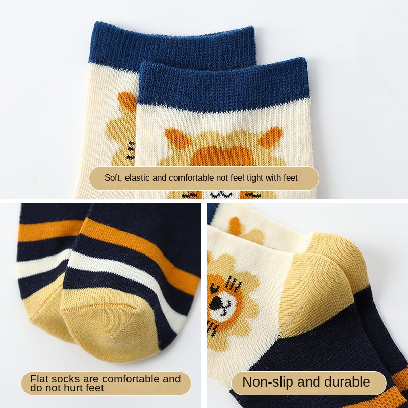 Set 5 Đôi Tất Cotton Chống Trượt Thoáng Khí In Hình Sư Tử Hoạt Hình Thời Trang Thu Đông 2023 Cho Bé