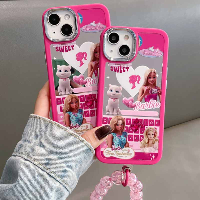 Ốp Điện Thoại Họa Tiết Búp Bê Barbie Mặt Gương Có Dây Xích Chống Rơi Cho iPhone 14 / 13 / 12 Pro Max