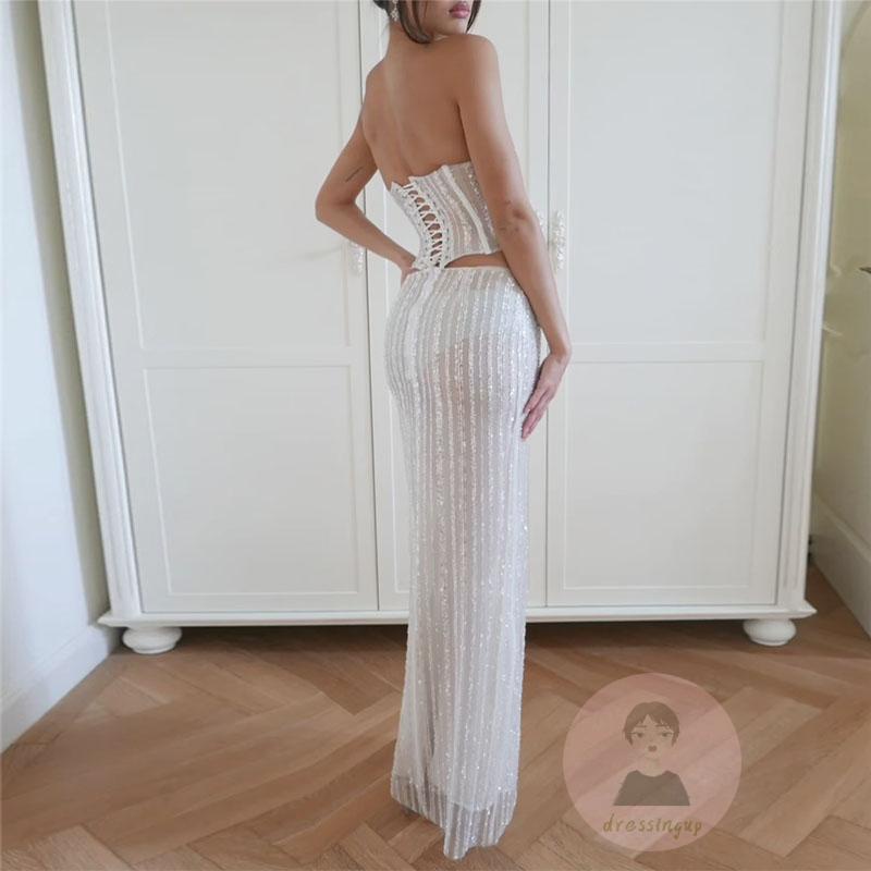 Dre-women bandage backless crop bandeau tops và váy dài co giãn