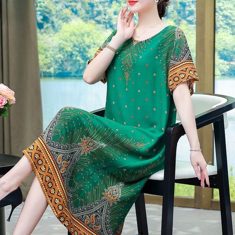 Đầm Mùa Hè Cao Cấp Tay Ngắn Kích Thước Lớn In Họa Tiết Phong Cách Mới 2023 Cho Nữ Trung Niên