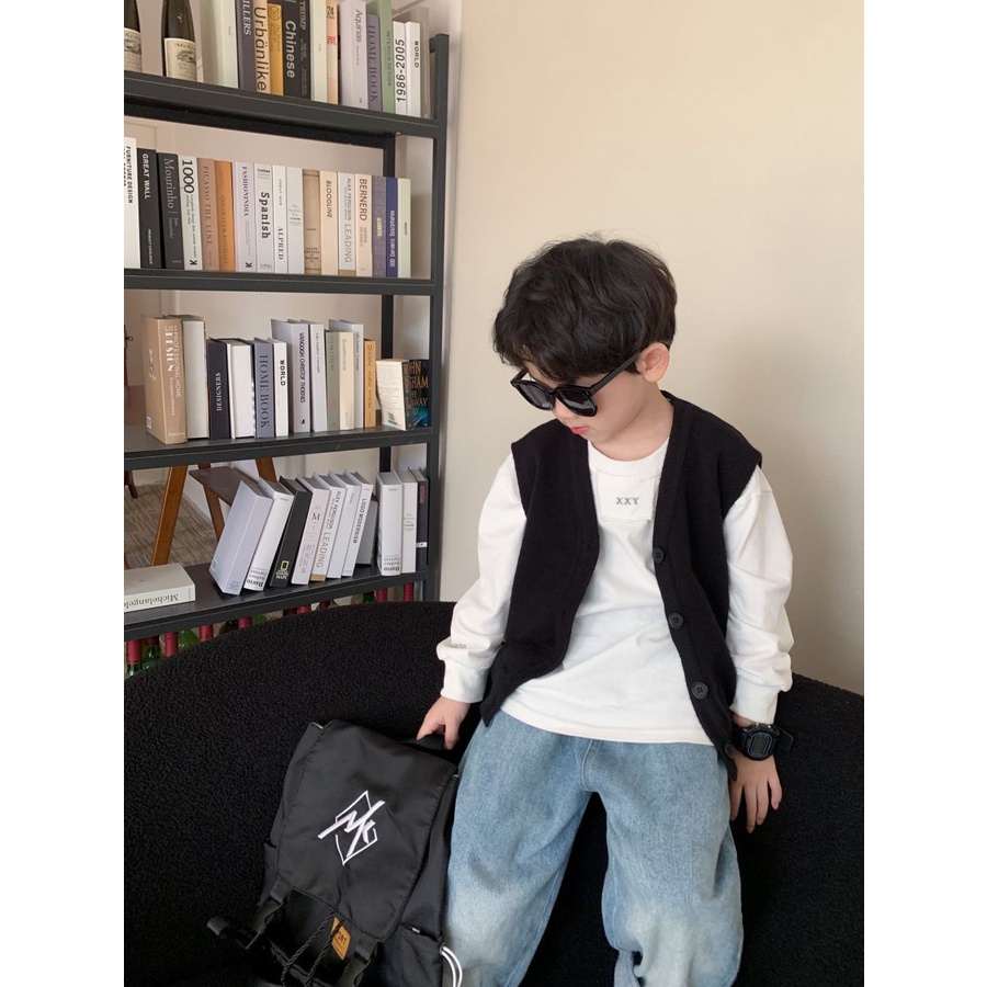 Áo Cardigan Dệt Kim Cổ Tròn Không Tay 90-150cm Phong Cách Nhật Bản Cho Bé Trai