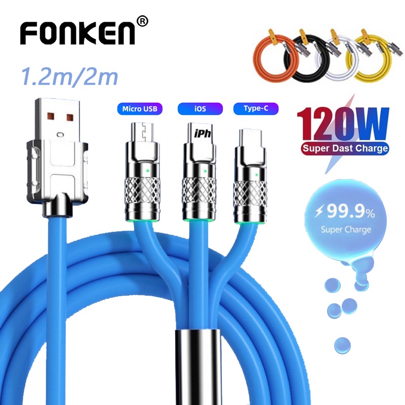 Dây Cáp Sạc Nhanh Fonken 120W 6A 3 Trong 1 Cổng Micro USB 1.2M / 2M