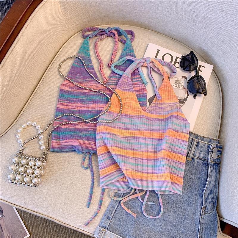 Áo Hai Dây Dệt Kim Họa Tiết Kẻ Sọc Thời Trang Mùa Hè Quyến Rũ Cho Nữ