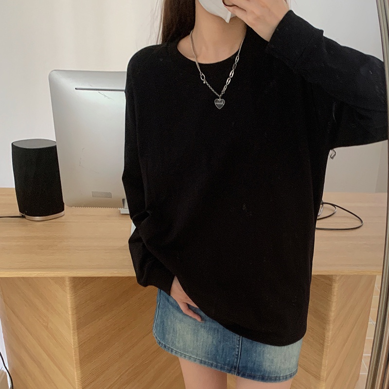 Áo thun FASHMILY 100% cotton cổ tròn dài tay dáng rộng phong cách Hàn Quốc thời trang mùa thu dành cho cặp đôi