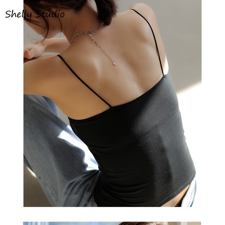 Áo Hai Dây Dáng Dài / Ngắn Màu Đen Có Đệm Ngực Cho Nữ