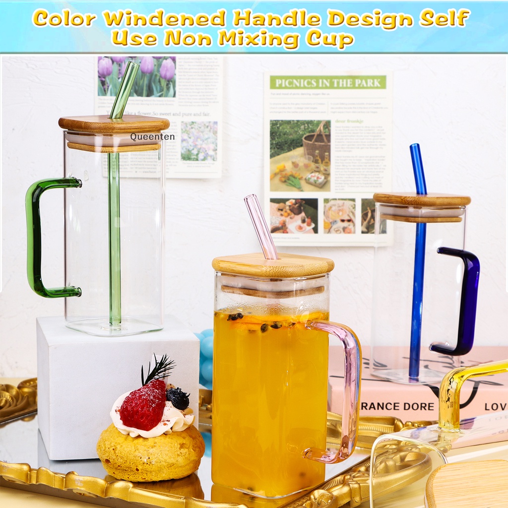 Ly uống queenten 4 gói có nắp tre và ống hút thủy tinh, ly thủy tinh 14oz / 400ml có nắp và ống hút, ly uống vuông cho cocktail, rượu whisky, cà phê nóng / đá, juic