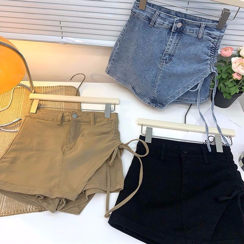 Chân Váy Denim Lưng Cao Màu Sắc Đơn Giản Phối Dây Rút Phong Cách Hàn Quốc Cho Bé Gái
