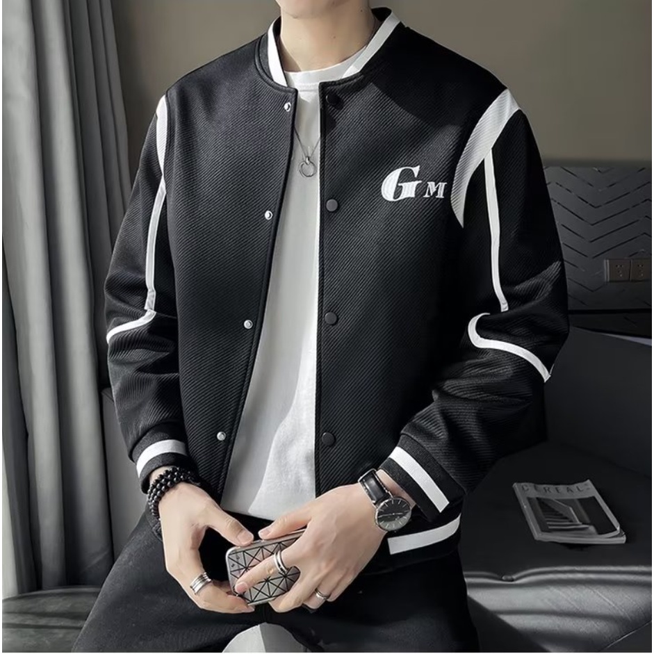 Áo khoác nam đa năng giản dị tiêu chuẩn mới mùa xuân và mùa thu dài tay trẻ trung hợp thời trang nam cổ áo bóng chày thanh lịch single-breasted in sọc dài tay
