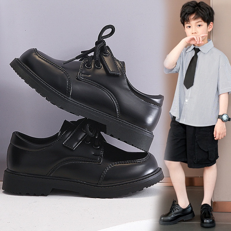 Trẻ em giày trang trọng màu đen cộng với kích thước giày học sinh biểu diễn phong cách anh 3-12 tuổi giày da pu cho bé trai