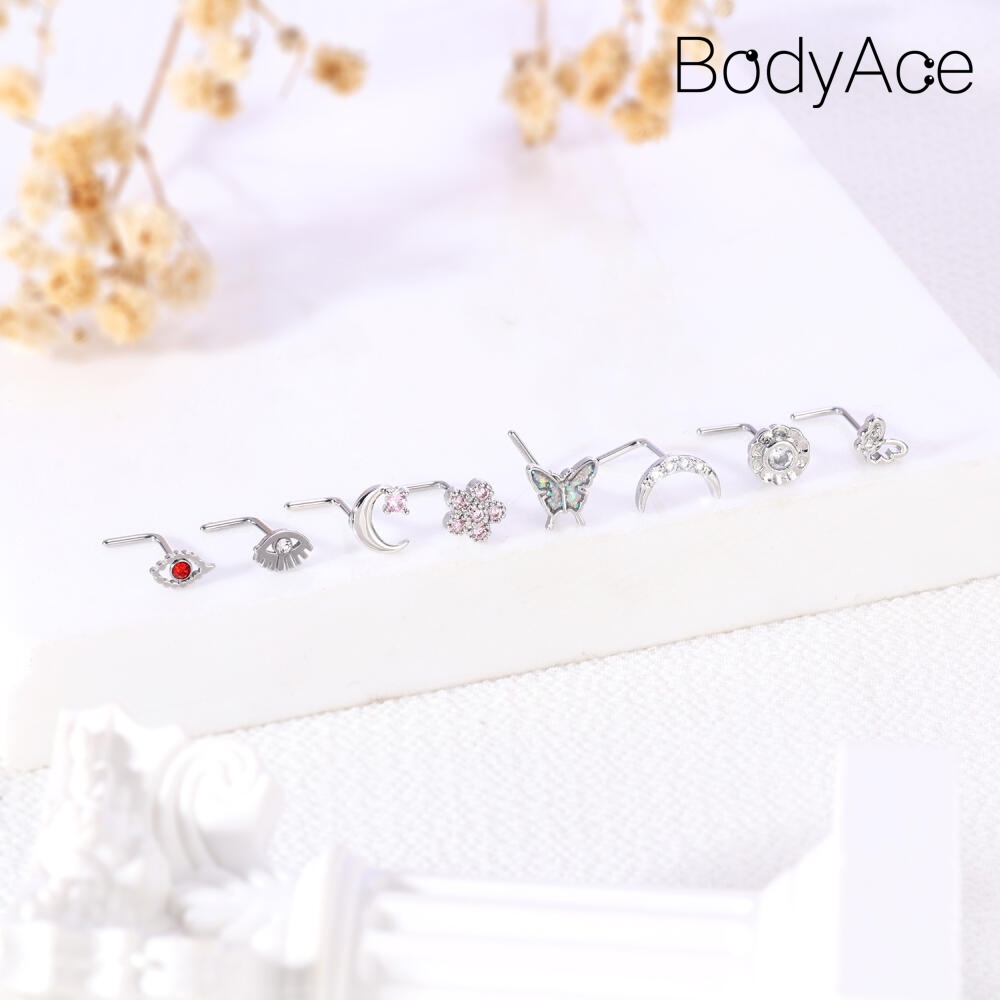 Bodyace 1pc 20g đinh tán mũi bằng thép không gỉ hình dạng l khuyên lỗ mũi pha lê khuyên mũi hình bướm hình dạng hoa đinh tán mũi
