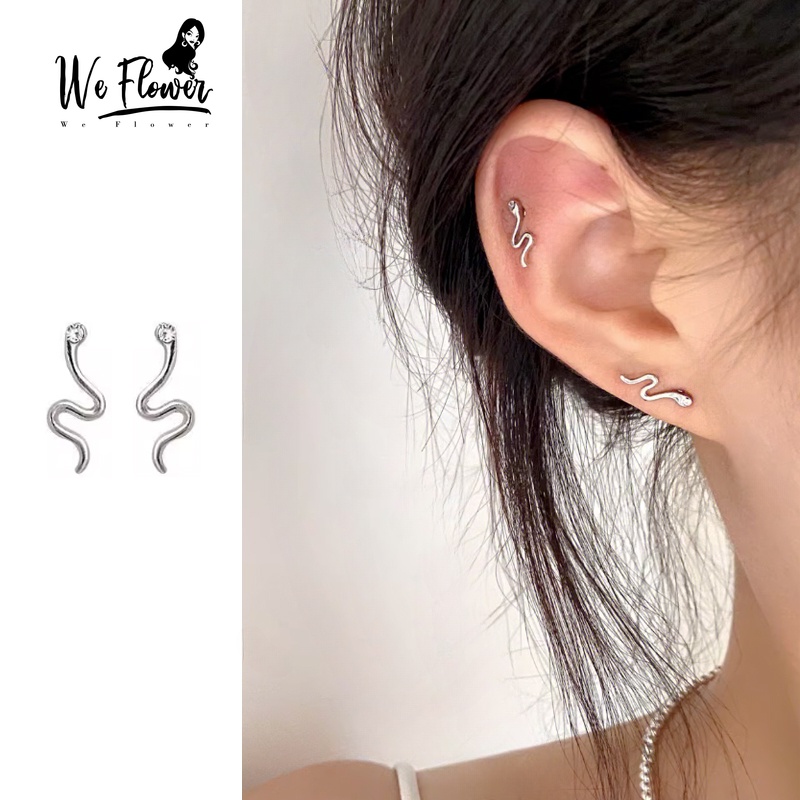 Khuyên tai xỏ WE FLOWER bạc S925 hình rắn đính zircon phong cách punk không gây dị ứng cho nam và nữ