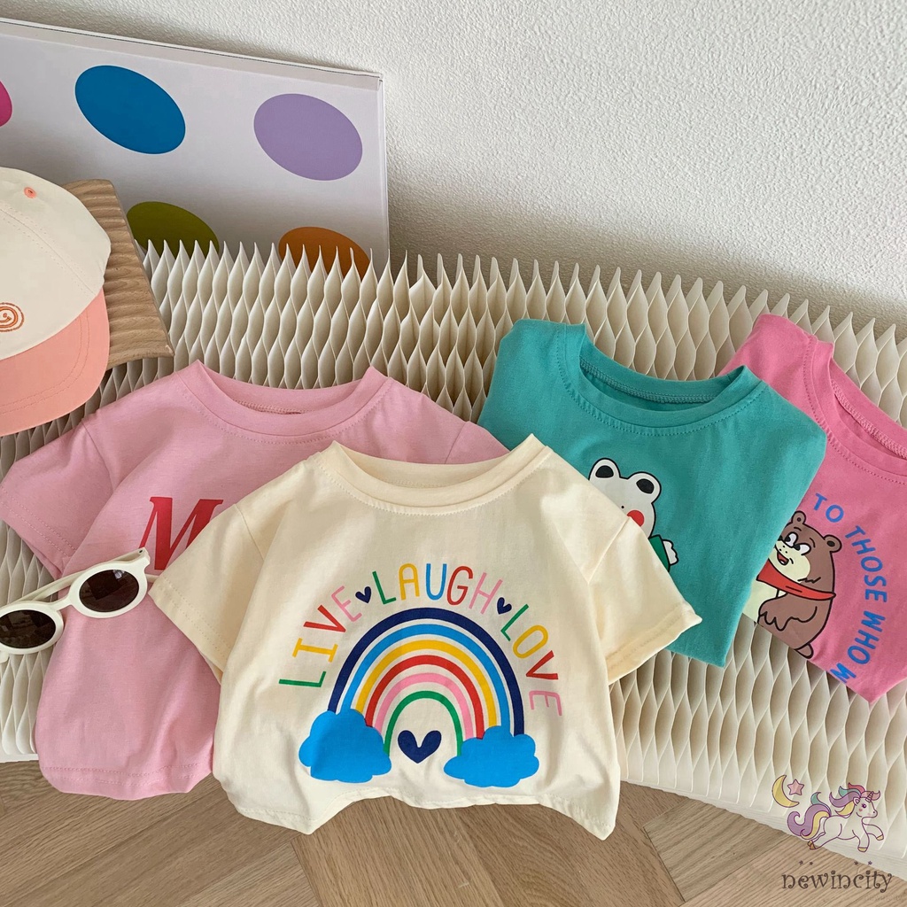 Trẻ em hàn quốc cô gái phim hoạt hình cầu vồng in áo t-shirt ngắn tay