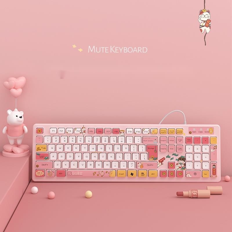 104 key kawaii bàn phím câm có dây máy tính xách tay trò chơi máy tính bàn phím hoạt hình sô cô la