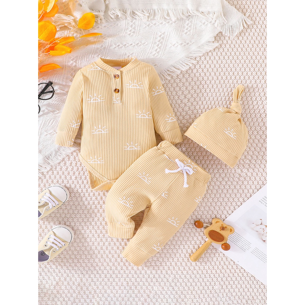 Combo bộ đồ bé Trai Gái 0-18 tháng dài tay in hình mặt trời bodysuit liền thân quần dài có mũ set thời trang cho bé trẻ em sơ sinh