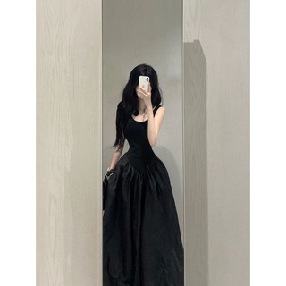 Black vest dress a-line halter summer beach dress dress high-end narrow-eo female fake two-piece long dress không tay hurp