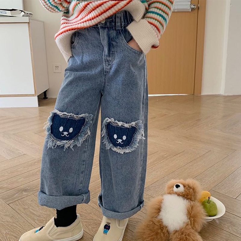 Quần jeans dài BEIBEIYIN vải denim ống rộng họa tiết hoạt hình dễ thương phong cách Hàn Quốc thời trang dành cho bé gái