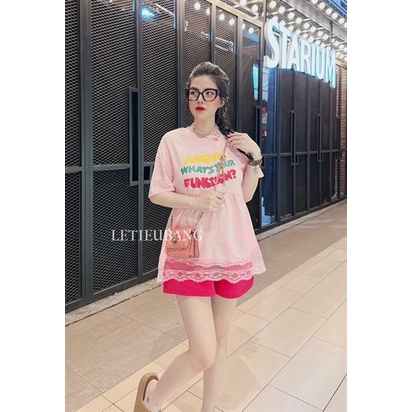 Bigsize Set áo thun babydoll chữ viền ren kèm quần hồng 55-95kg