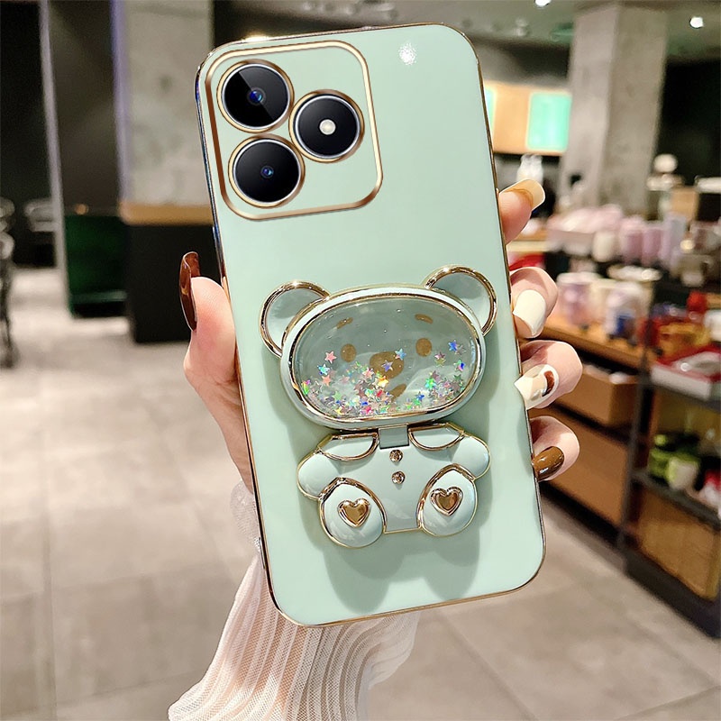 Vỏ điện thoại mạ điện sang trọng cho tecno spark 10 pro spark 10 10c ki5q ki5k ki7 camon 20 pro 4g tecno ck6 ck6n ck7n giá đỡ gấu lỏng quicksand dễ thương với gương trang điểm