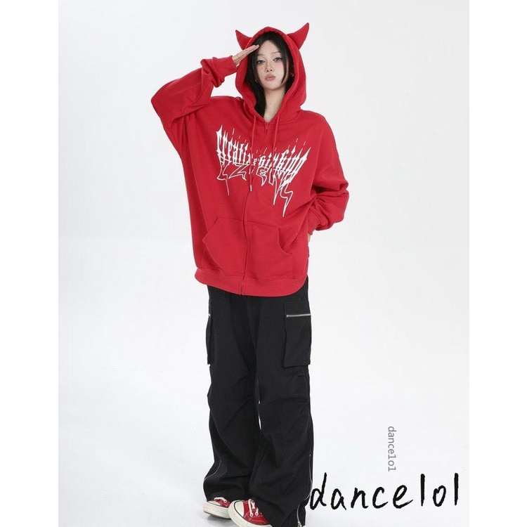 Dance1o1-nữ dài tay có mũ trùm đầu cánh in zip-up hoodie thời trang dạo phố có túi
