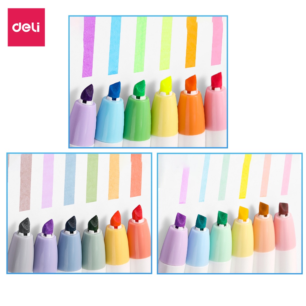 Set 6 bút highlight dạng bấm nhớ dòng đánh dấu màu pastel tươi sáng cute Deli dạ quang tiện lợi cho học sinh văn phòng