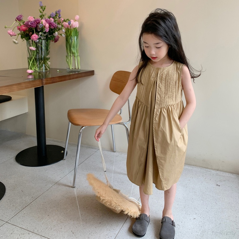 Trẻ em hàn quốc cô gái thường không tay xù váy đồng màu