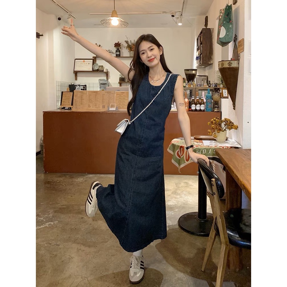 Đầm jean ba lỗ dài khoét lưng cao cấp