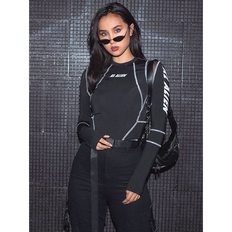 Kliou 2023 Mới Áo Thun Tay Dài Cổ Lọ In Chữ Phối Lưới Màu Khối Thời Trang Mới 2023 Dành Cho Bạn Nữ