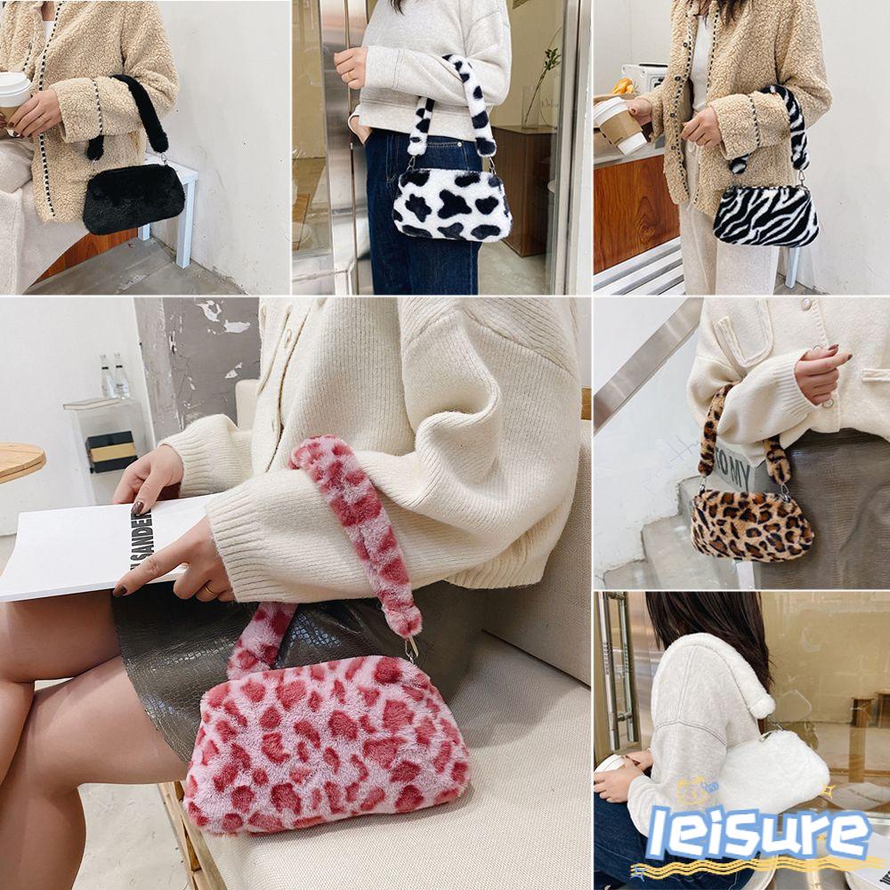 Túi Đeo Vai Kẹp Nách In Họa Tiết Da Báo Vải Lông Ấm Áp Đáng Yêu Dành Cho Nữ Daphne