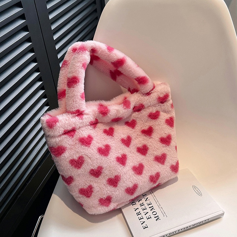 Túi Xách Lông Xù Mềm Phối Màu Tương Phản Hình Gấu / Dâu Tây Đáng Yêu Cho Nữ