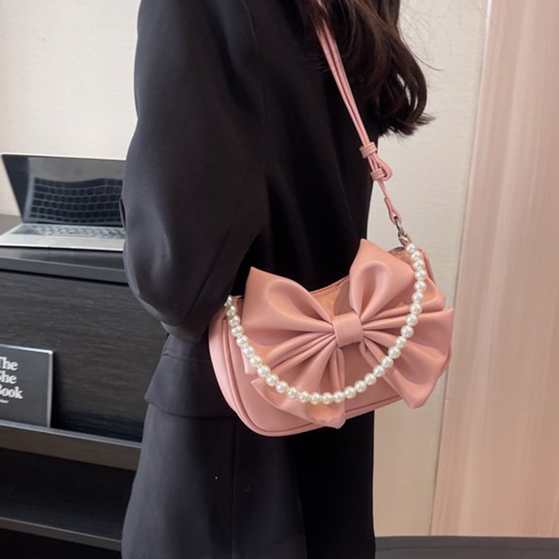 Túi đeo vai IELGY trang trí nơ và chuỗi hạt ngọc trai nhân tạo nhỏ gọn thời trang dành cho nữ