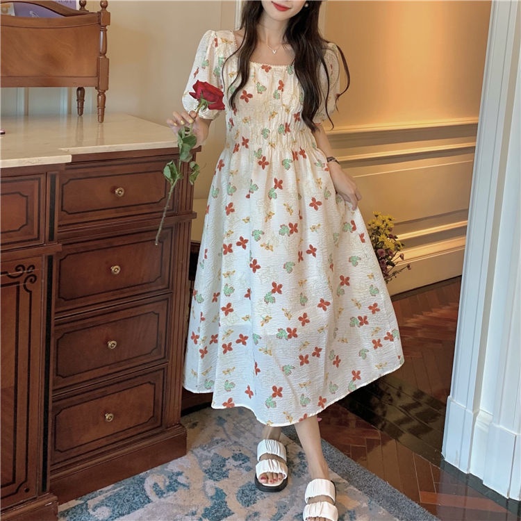 Đầm Cổ Vuông Tay Phồng In Họa Tiết Phong Cách Hàn Quốc Thời Trang Mùa Hè Xinh Xắn Cho Nữ