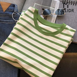 Áo thun cotton ngắn tay cổ tròn họa tiết kẻ sọc màu tương phản phong cách Hàn Quốc thời trang mùa hè cho nữ