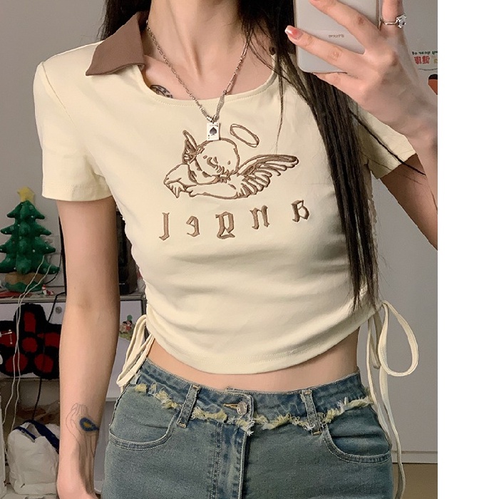 Áo polo Tay Ngắn Dáng Rộng In Họa Tiết Độc Đáo Phong Cách Hàn Quốc Thời Trang Cho Nữ