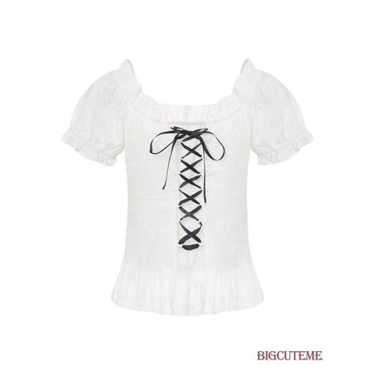 [] Áo Thun Ngắn Tay Cổ Chữ U Thắt Nơ Sau Lưng Phong Cách Ngọt Ngào Cho Nữ