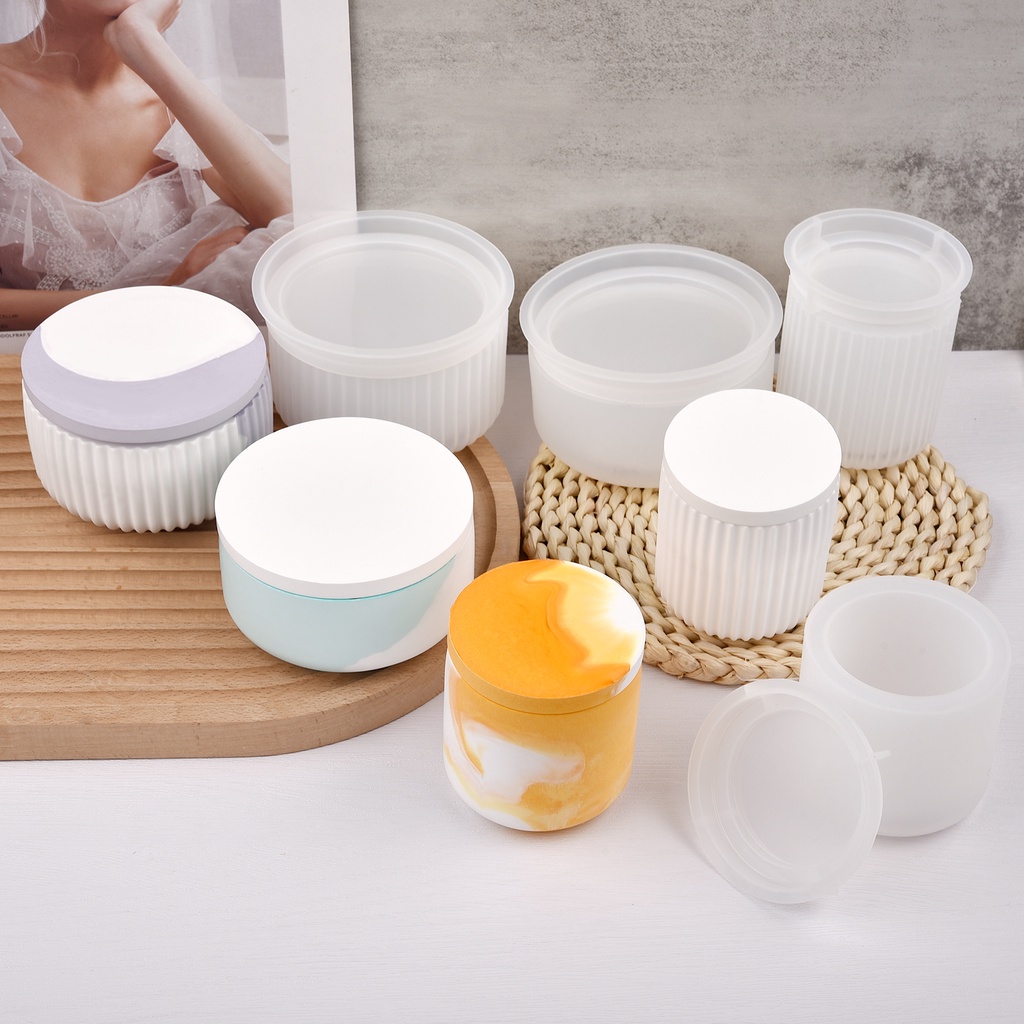 Khuôn Silicone Làm Lọ Thạch Cao / Xi Măng Hình Tròn Kẻ Sọc Kèm Nắp Đậy DIY