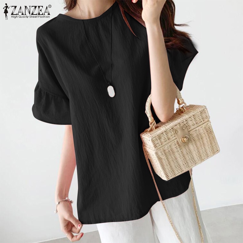 ZANZEA Áo Kiểu Tay Ngắn Cổ Tròn Viền Bèo Thời Trang Cho Nữ