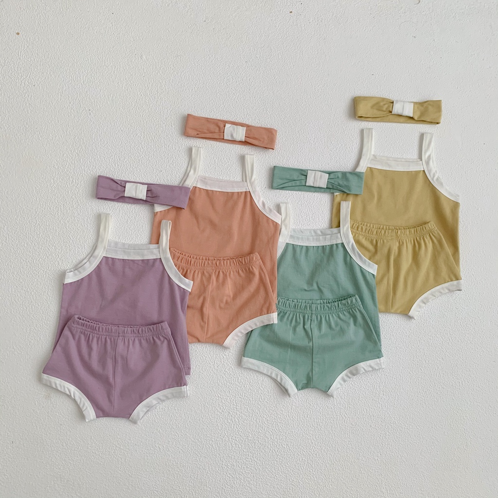 Bộ 3 Món Áo Thun + Quần Short + Băng Đô Màu Trơn Mùa Hè Cho Bé Sơ Sinh