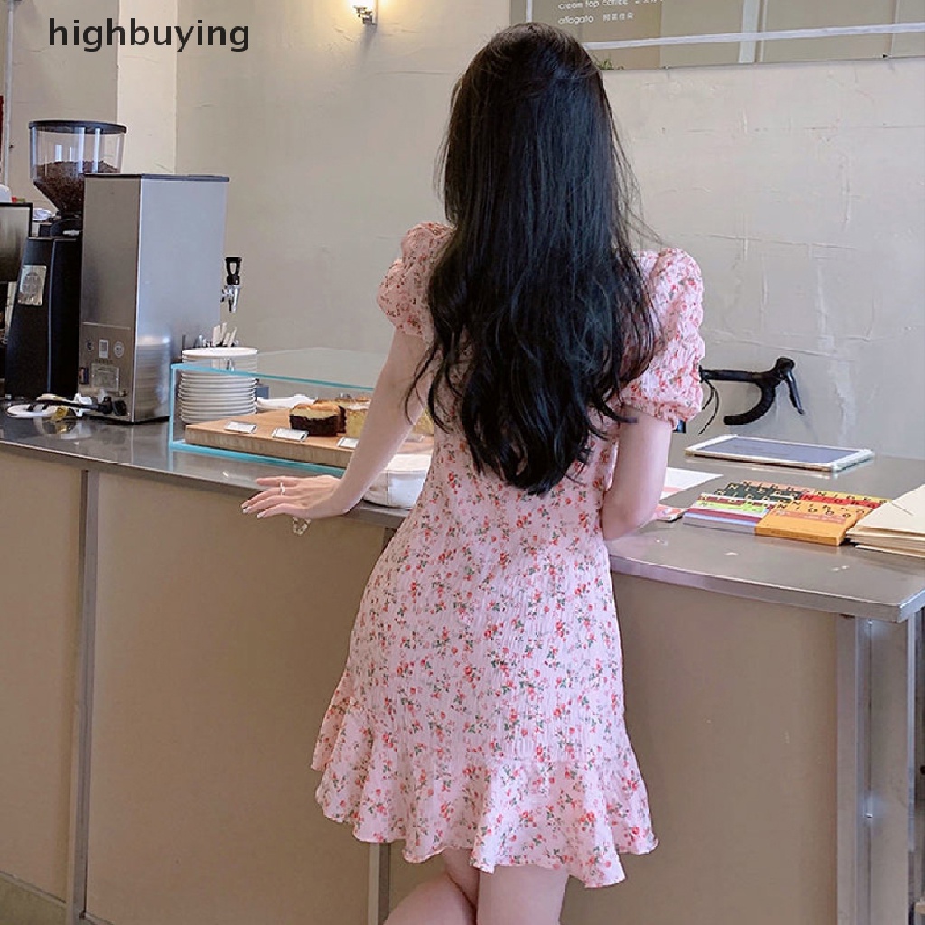 Đầm Mini Cổ Vuông Tay Phồng In Hoa Phối Dây Rút Thời Trang Hàn Quốc Thanh Lịch Cho Nữ