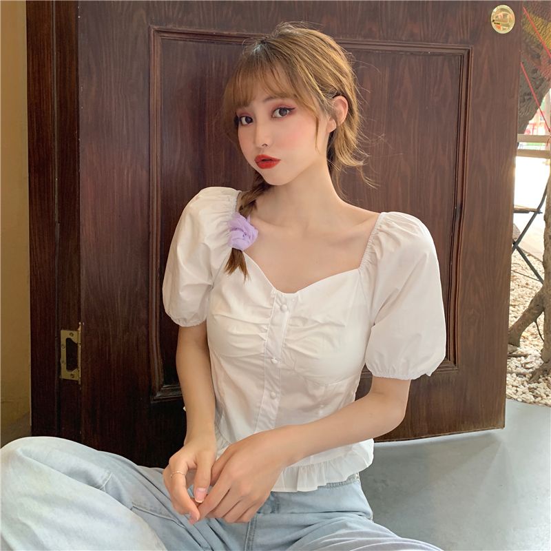 IELGY  Áo Kiểu Tay Phồng Cổ Vuông Phong Cách retro Thời Trang Cho Nữ