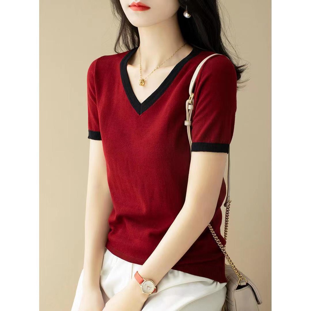 Áo Sweater Lụa Lạnh Mỏng Cổ Chữ V Dáng Ôm Màu Tương Phản Phong Cách Mới Mùa Hè Đơn Giản Dễ Phối Đồ Cho Nữ @