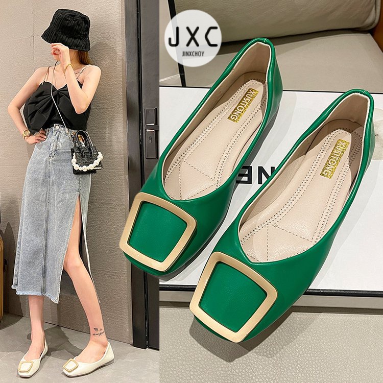 JINxCHOY Giày da mềm gót thấp mũi vuông màu trơn đơn giản thoải mái thời thượng