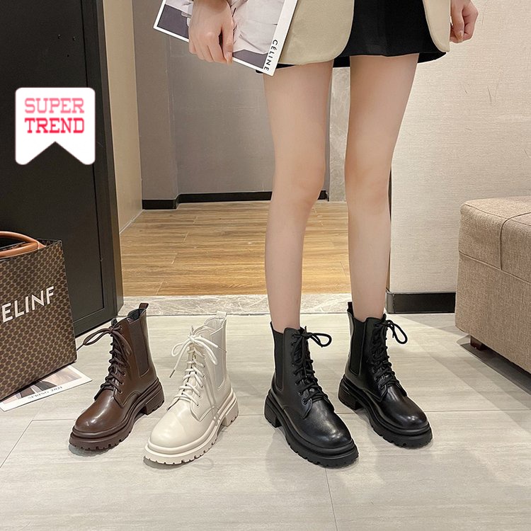 Giày Ống Ngắn Cột Dây Phía Trước Màu Trơn Cổ Điển Đơn Giản Thời Trang