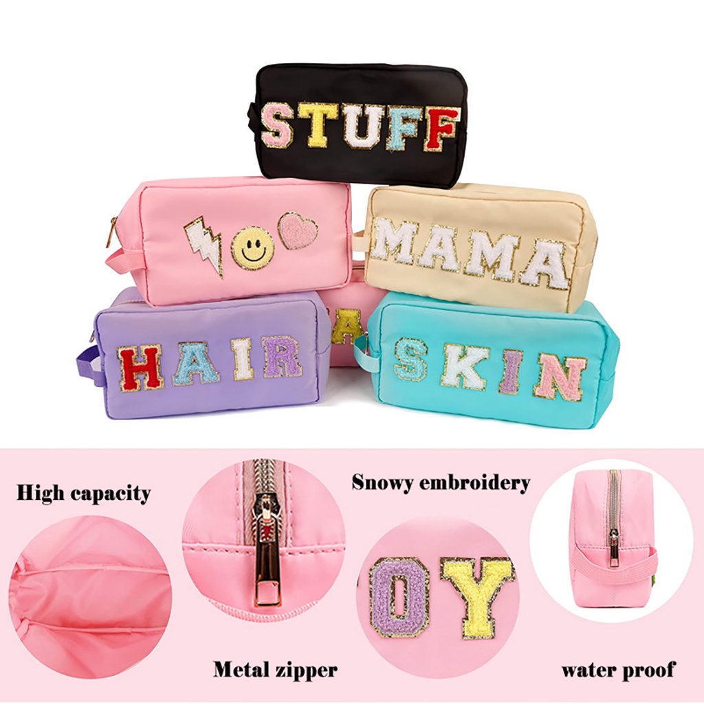 Letter Style Random Túi Đựng Mỹ Phẩm Bằng Nilon Chenille In Chữ Chống Thấm Nước Có Khóa Kéo Tiện Dụng Cho Nữ