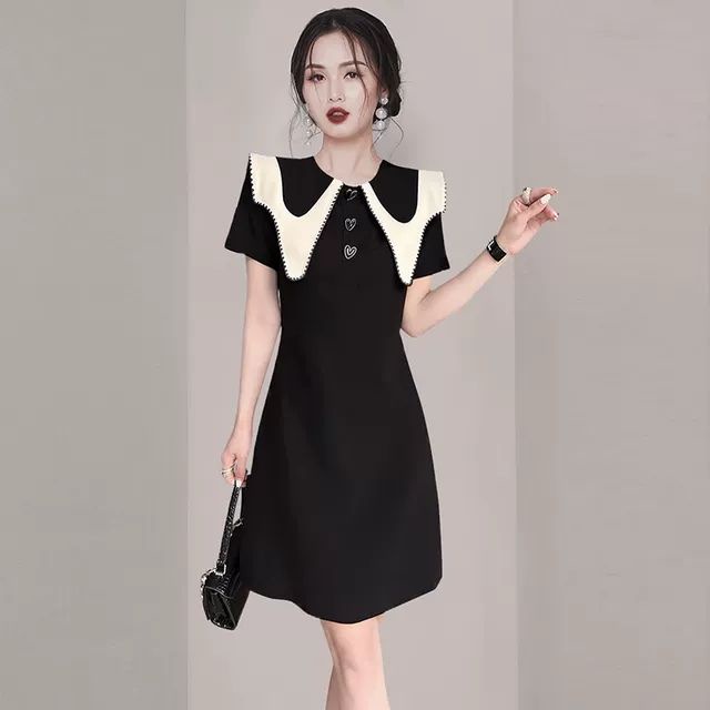 Đầm Tay Ngắn Cổ Búp Bê Màu Tương Phản Phong Cách Pháp Thời Trang Mùa Hè Cho Nữ