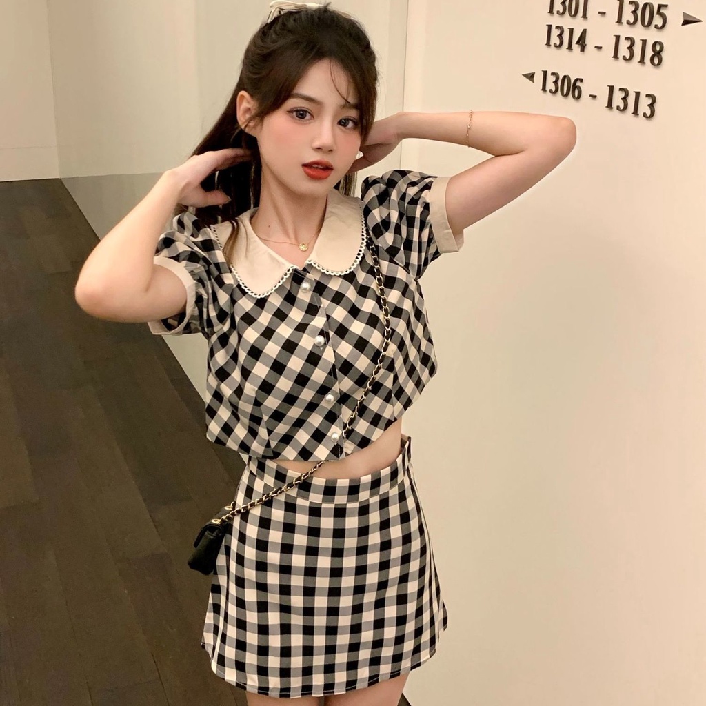 Bộ Áo Ngắn Tay Cổ Peter Pan + Chân Váy Lưng Cao Thời Trang Retro Hong Kong 2023